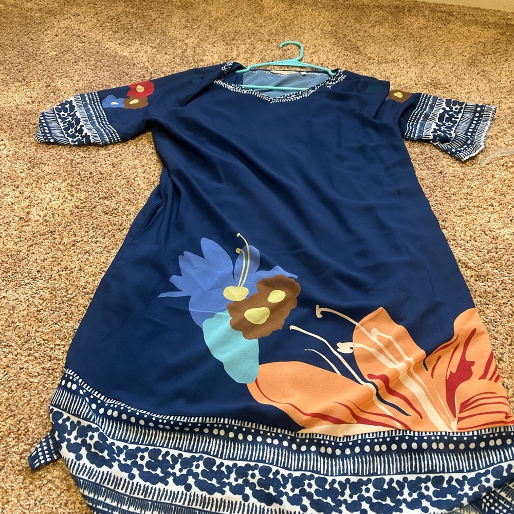 Soft surroundings, blue and white patterned dress with bell sleeves